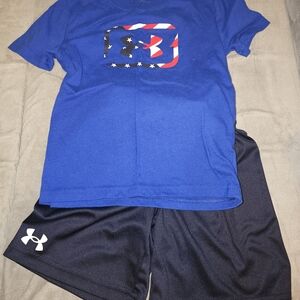 Under Armour Boys Royal Blue Tee & Black Shorts Set with Flag Logo